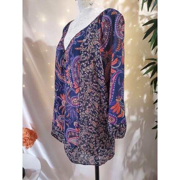 Chaps X Ralph Lauren Paisley Boho 3/4 Sleeve V-Neck Button Blouse Size XL Hippie - Picture 4 of 10
